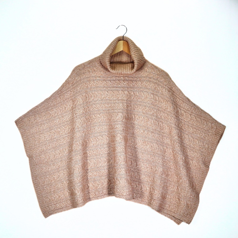Rachel Zoe Poncho Women OS Tan Cable Knit Turtleneck Oversized Cape Casual